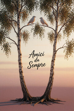 Amici da Sempre - Two white birds on birch trees, friendship concept