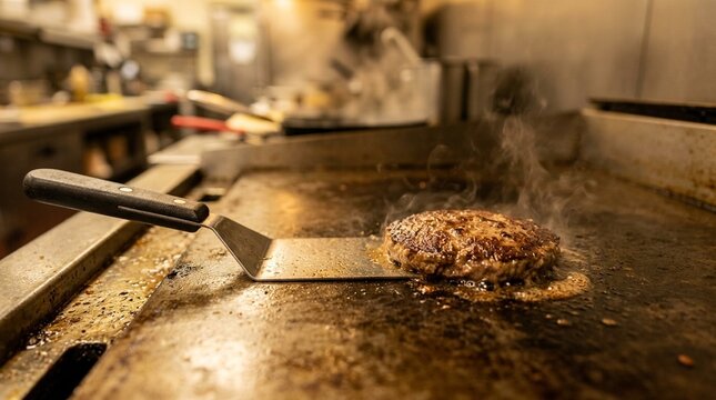 Burger Flipper Tool Resting beside a Sizzling Patty on a Diner Griddle &ndash; Close-Up Detail Food Photography