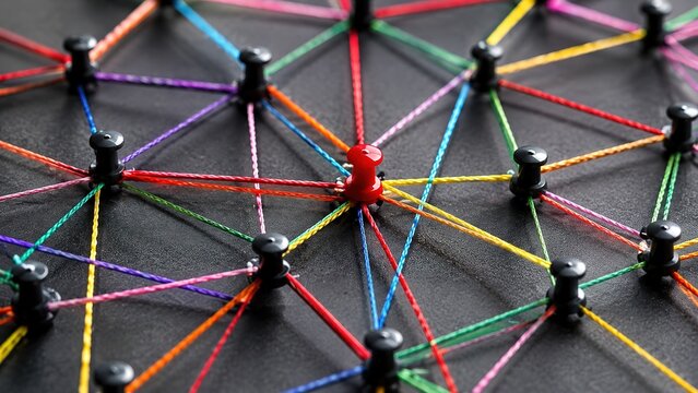 Strategy and problem solving network with colorful strings and connected pins, representing planning, investigation, decision making, complexity and information connections.