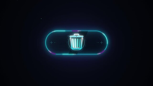 Deleting icon with glowing neon trash can symbol on dark backdrop