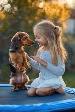 young girl in a white knit sweater and lace skirt and a small dachshund sharing a tender playful moment on a blue trampoline in golden autumn light