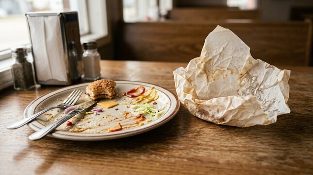 Empty Burger Wrapper Crumpled beside a Nearly Finished Plate on a Diner Table &ndash; Close-Up Food Photography