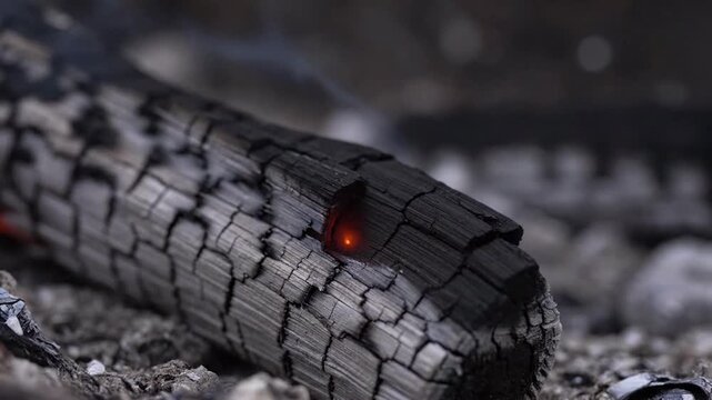 Dying ember glowing with orange heat, smoke curling from a cracked charcoal log in ash