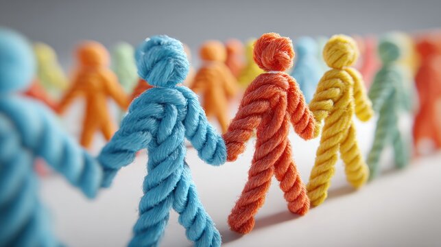 Colorful rope figures holding hands representing unity and connection