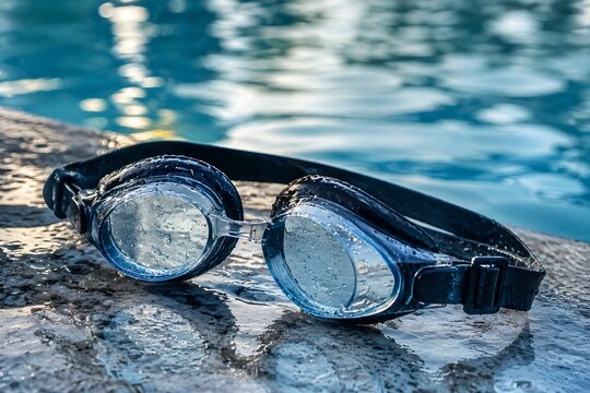 Swimming Goggles Beside Calm Pool Reflections Create Clean Detailed Aquatic Sports Macro Photography Scene Image