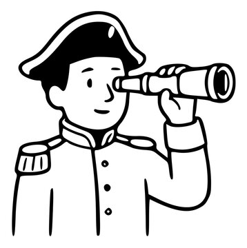 Black and white vector line art of a naval captain looking through a telescope. He is wearing a traditional bicorne hat and a uniform with epaulettes. Thick, clean black outlines, minimalist coloring 