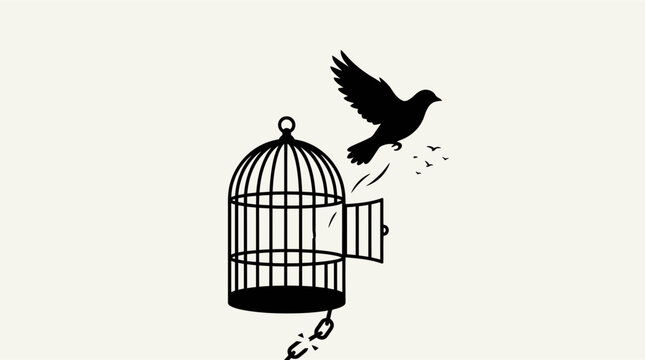 Bird escaping from an open cage black silhouette on a white background