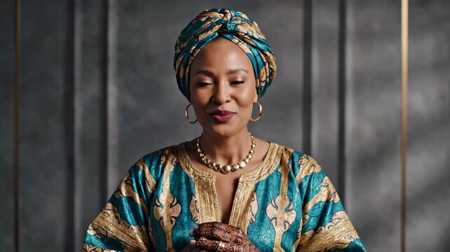 Joyful African woman in traditional teal and gold kaftan and turban laughing in a studio portrait.