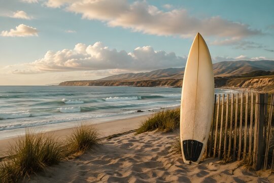 Surfboard Near September Beach with Waves and Clouds Creates Relaxed Coastal Lifestyle Sports Photography Scene