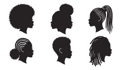 Black Woman Silhouette Profile Vector Set Featuring Natural Afro Hairstyles Braids Locs and Fades for Beauty Hair Salon and Empowerment Graphic Designs
