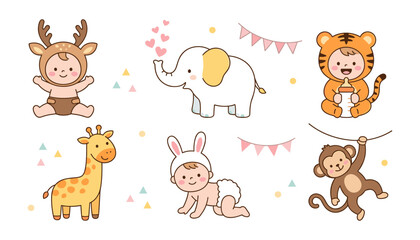 Obraz premium Cute Baby in Safari Animal Onesie Costumes Vector Set with Elephant Giraffe Tiger Monkey and Deer Elements for Nursery Wall Art and Shower Invitation Designs