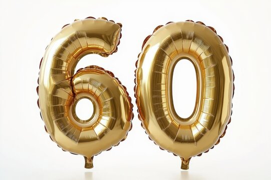 two shiny gold foil number balloons forming 60 on a clean white background, festive celebratory mood