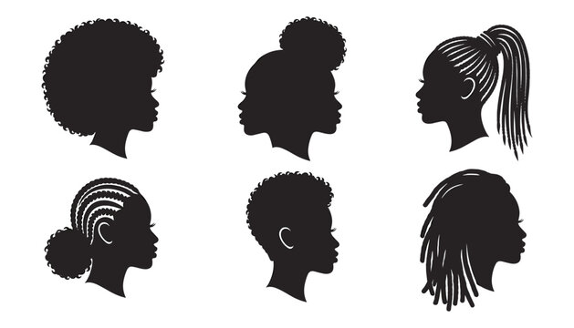 Black Woman Silhouette Profile Vector Set Featuring Natural Afro Hairstyles Braids Locs and Fades for Beauty Hair Salon and Empowerment Graphic Designs