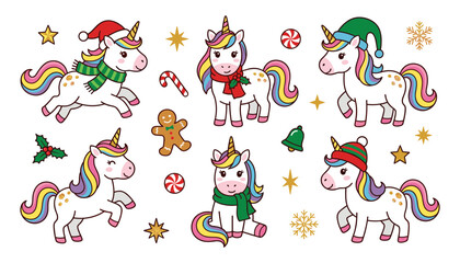 Obraz premium Cute Christmas Unicorn Vector Character Set with Santa Hats Scarves Gingerbread Man Snowflakes and Candy Cane Elements for Festive Holiday Kid Crafts