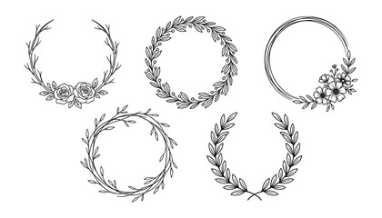 Fototapeta premium Elegant Black and White Floral Wreath Silhouette Vector Frame Set with Laurel Leaves and Roses for Wedding Invitations Logos and Monogram Line Art Designs