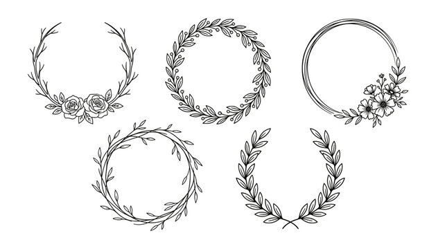 Elegant Black and White Floral Wreath Silhouette Vector Frame Set with Laurel Leaves and Roses for Wedding Invitations Logos and Monogram Line Art Designs