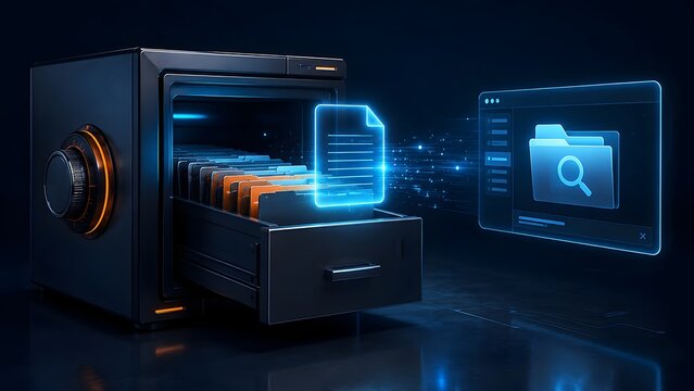 Glowing digital document popping out of physical safe highlighting data encryption and secure electronic document management.