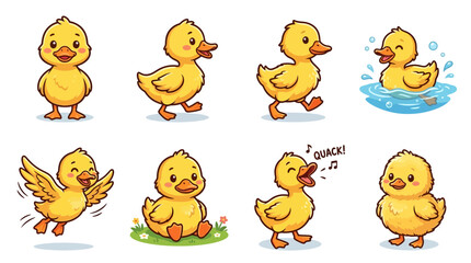 Fototapeta premium Cute Cartoon Duckling Clipart Set Showing Various Actions like Walking, Swimming, and Flying