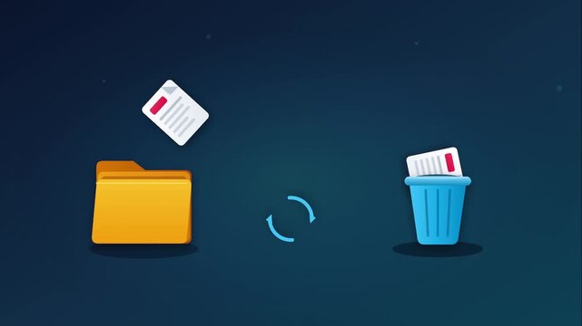Deleting icon animation with files moving from folder to trash bin