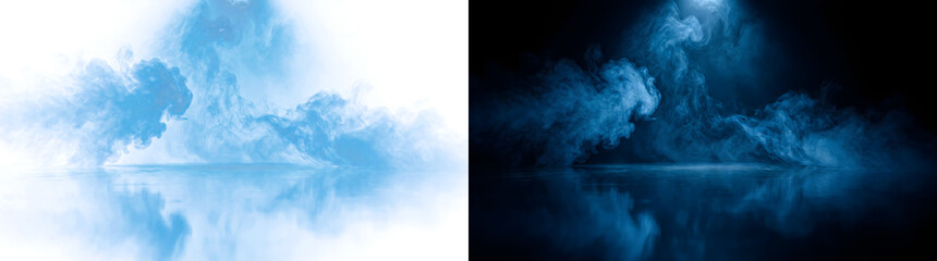 Blue fog mist drifting across a reflective dark studio floor under a soft spotlight ideal for cinematic product backdrop with PNG, Transparent and Black Background Versions © Shadowfax