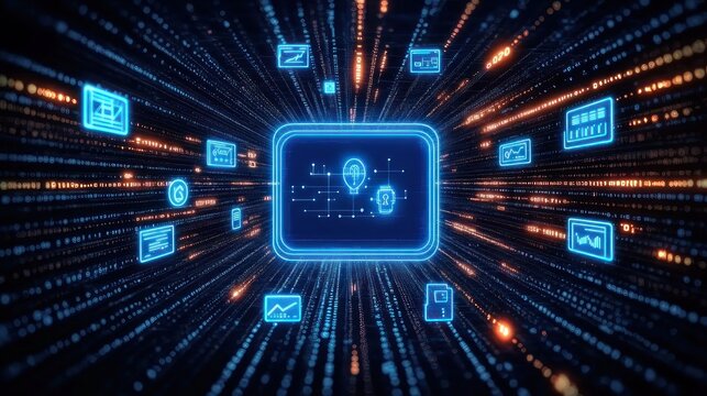 glowing central digital screen displaying a lightbulb and gear icon surrounded by floating app panels, charts, graphs and file icons amid blue and orange streaming data, dynamic futuristic energy