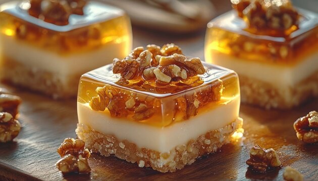 glossy walnut and caramel layered dessert squares with crumb crust and creamy middle, bite-sized indulgent treats on a wooden board with golden syrup and crunchy topping