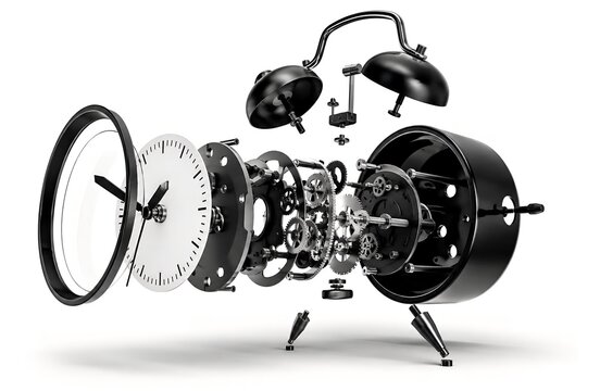Exploded alarm clock with AI generated disassembled mechanical alarm clock parts