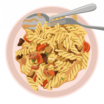 Top view illustration of fusilli pasta dish with vegetables served on plate with cutlery