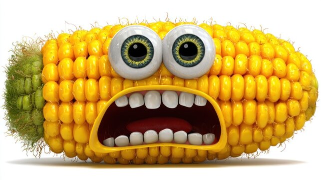 Cartoon corn cob with wide eyes and open mouth in isolated white background