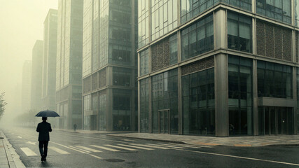 Fototapeta premium Man with umbrella walking on empty foggy city street with modern glass skyscrapers
