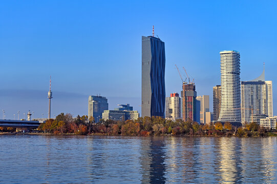 Modern Donau City skyline with DC Tower 1 and the Danube River in Vienna, Austria