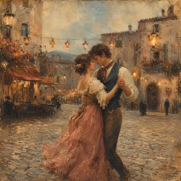 Couple Dancing Under Lanterns in Old European Town