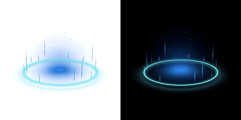 Futuristic platform ring glowing in blue neon light with sparkling particles above ideal for product pedestal display with PNG, Transparent and Black Background Versions © Shadowfax