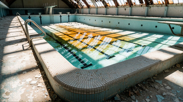 Abandoned indoor swimming pool with rusty roof and debris