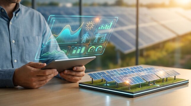 A professional engineer using a digital tablet to analyze solar energy farm data with futuristic holographic interface projections
