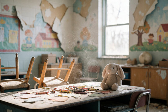 Abandoned classroom with dusty stuffed bunny rabbit and scattered crayons on a desk