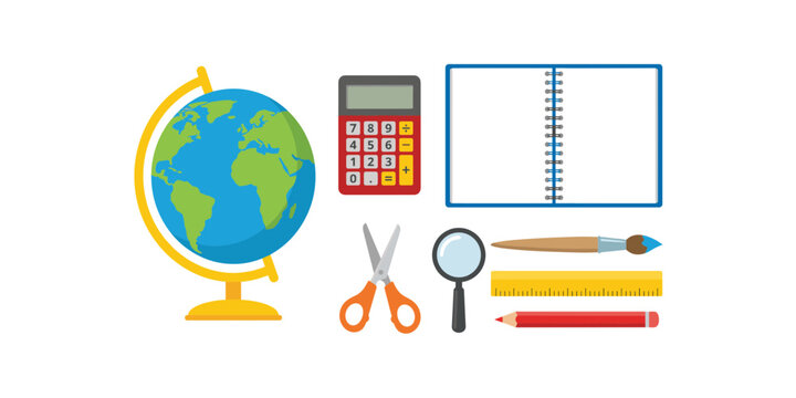 Educational supplies collection featuring globe, calculator, notebook, scissors, magnifying glass, paintbrush, ruler and pencil vector icons