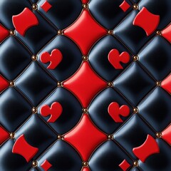 Naklejka premium luxurious tufted black and red leather quilt with glossy gold buttons and embedded playing card suit shapes conveying bold glamorous elegance