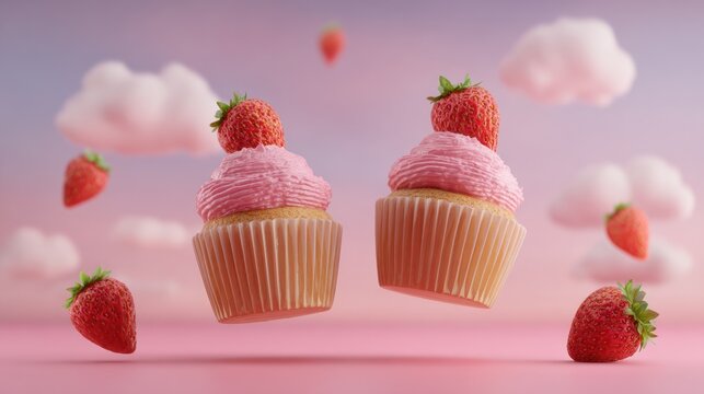 Delicious cupcakes with strawberries floating against a pastel sky