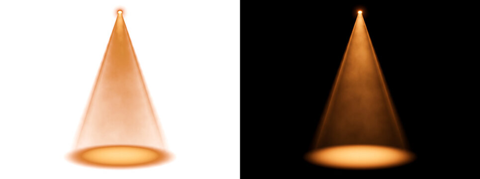 Single spotlight cone beam glowing downward with soft orange light suitable for product and award presentations with PNG, Transparent and Black Background Versions