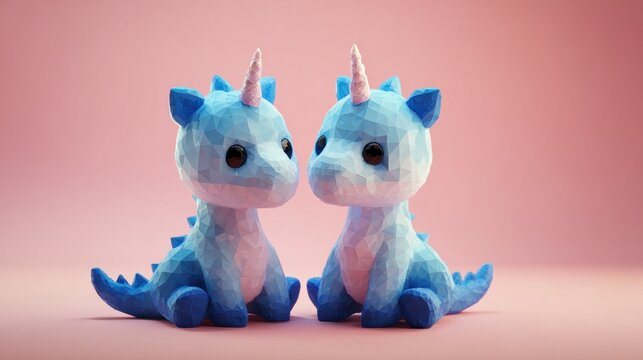 Two adorable blue unicorn dragon hybrids on pink background
