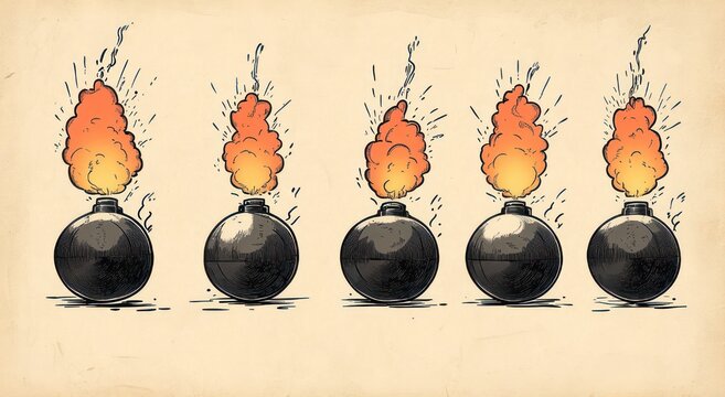 row of five vintage cartoon round bombs with lit fuses and tall orange flames on aged paper, evoking tension and imminent explosion