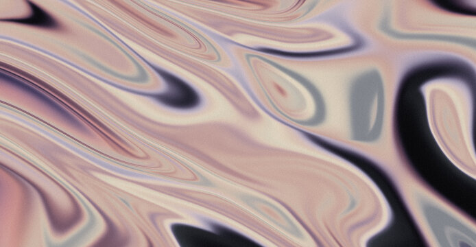 Iridescent Rose Gold, Muted Lavender, Pearl Beige, and Dark Obsidian Abstract Liquid Marble Background Featuring Heavy Grainy Noise Texture with Swirling Metallic Waves