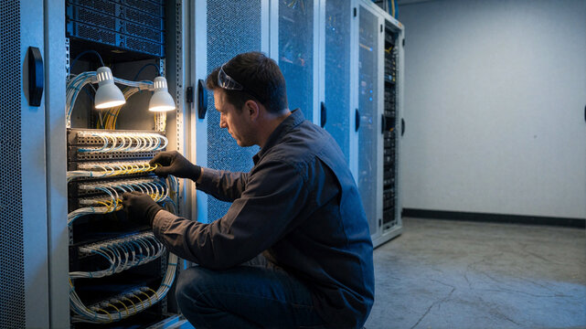 IT Technician working on network cables in server room