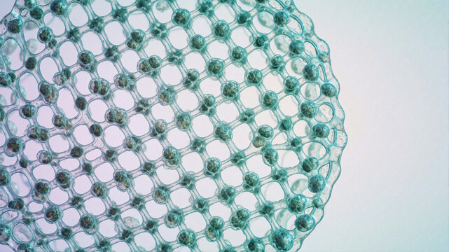 Microscopic view of plant tissue cells with green nuclei and cell walls, biological background