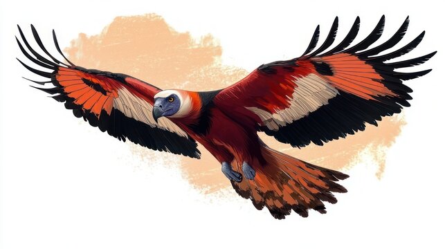 Majestic red and black bird of prey soaring with outstretched wings, detailed feathers, hooked beak and talons against a pale orange paint splash, powerful and dynamic