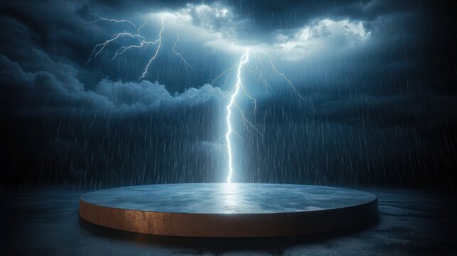 Lightning bolt striking a round wet platform beneath dark storm clouds and heavy rain, dramatic ominous atmosphere