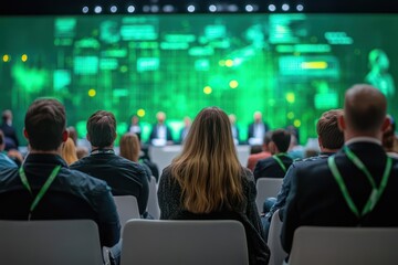 Fototapeta premium rear view of attentive conference audience watching a panel discussion with a large green digital data backdrop, focused professional atmosphere