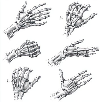 six detailed graphite anatomical sketches of a human hand skeleton from multiple angles on white background, clinical educational study with a neutral analytical tone