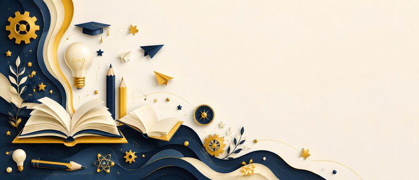 Bright educational concept featuring a stack of colorful books supporting a globe, surrounded by flying letters, paper airplanes, leaves and flowing colorful waves, symbolizing education, learning, li